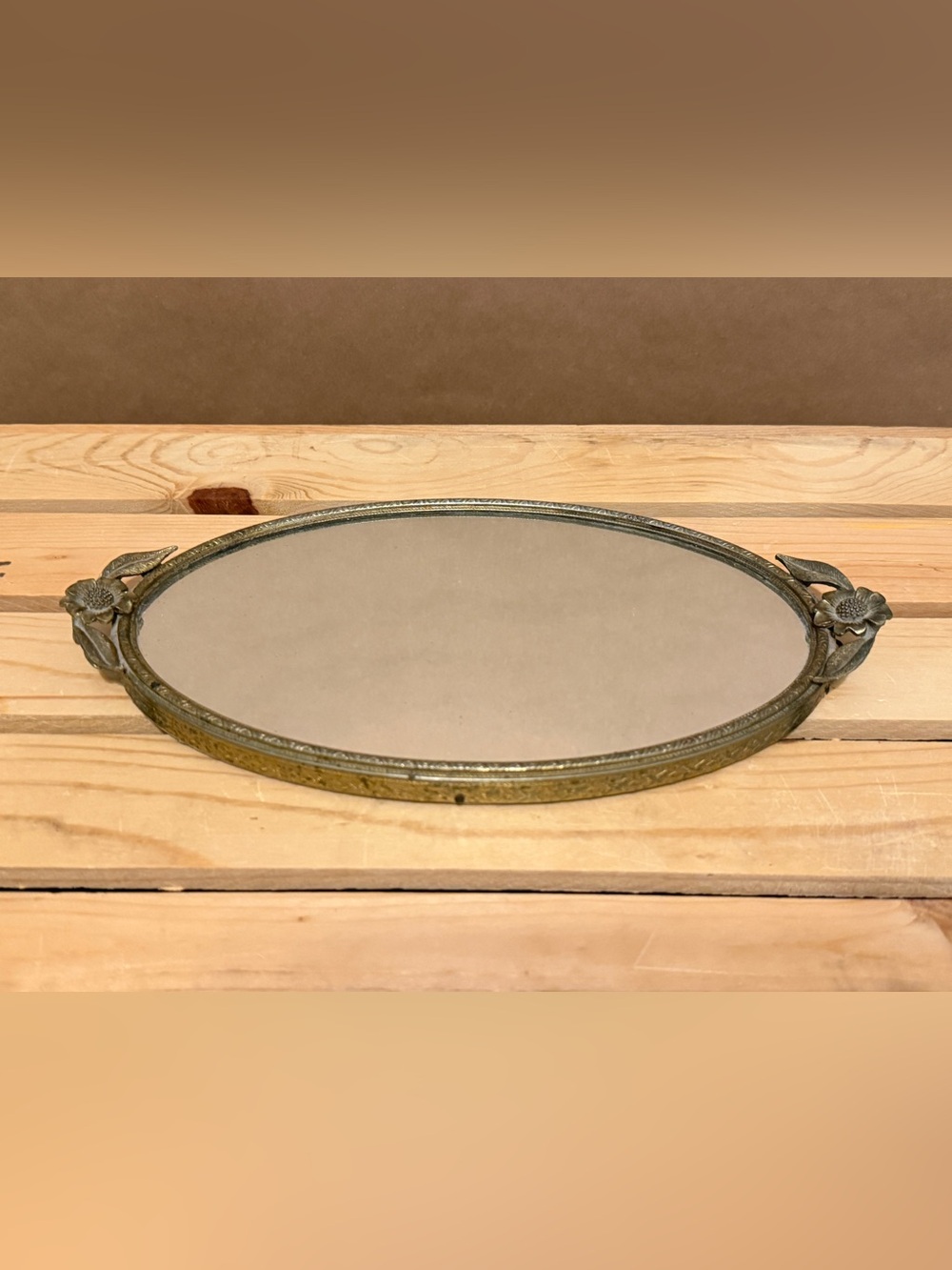 Vintage Oval Mirrored Vanity Tray with floral brass frame